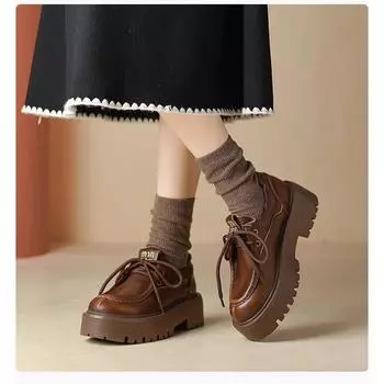 Small leather shoes women s polished thick-soled mumu new retro style round head lace-up casual versatile height increase 35