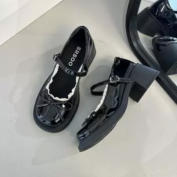 Small leather shoes women s skirt new bow thick heel white round head Mary Jane shoes single shoes 35 чёрный