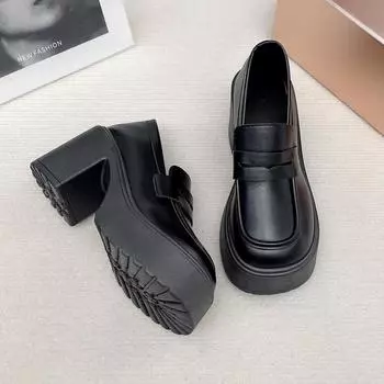 Small leather shoes women s spring and autumn new thick-soled black muffin thick heel one-pedal single shoes 35