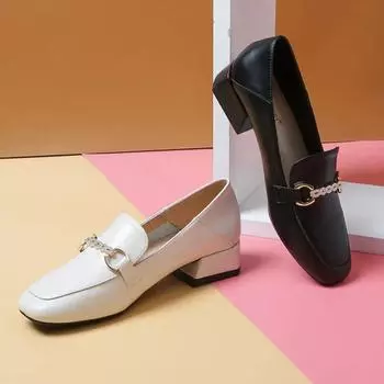 Small Leather Shoes Women s Thick Heel Black Middle Heel Loafers Plus Size Ladies Shoes Pumps Women Shoes 34 чёрный