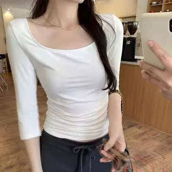 Небольшая роскошная облегающая плиссированная футболка с квадратным воротником и рукавом средней длины для женщин, новый весенне-осенний темперамент с базовым топом S