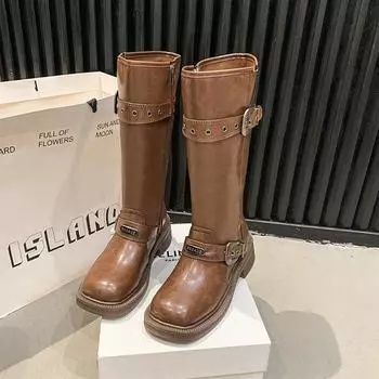 Small man but knee boots women s 2025 new retro belt buckle western knight boots thin thick heel high boots 35