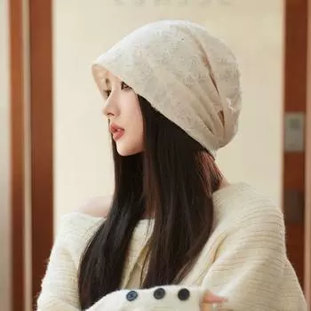 Small Pile Heap Cap Female Maternity Confinement Cap Air Conditioning Windproof Breathable Closed Toe Knitted Cold Cap Thin Big Head Circumference Beige