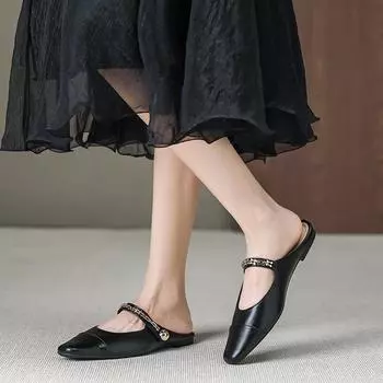 Small pointed head bag head half slippers women s new spring and summer outer wear flat bottom without heel lazy Muller slippers W727-13 35 чёрный