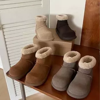 Small potato sheepskin integrated snow boots 2024 winter new lamb wool fleece short boots flat-bottomed cotton boots 35