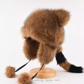 Small Raccoon Ear Protection Cap Imitation Fur Raccoon Fur Lei Feng Cap Men and Women In The Fall and Winter Warm Children s Cute Hat One Size темно-коричневого