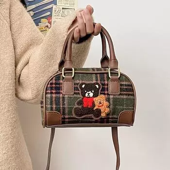 Small Retro Artistic Bear Embroidery Check Pattern Handbag For Outings Casual