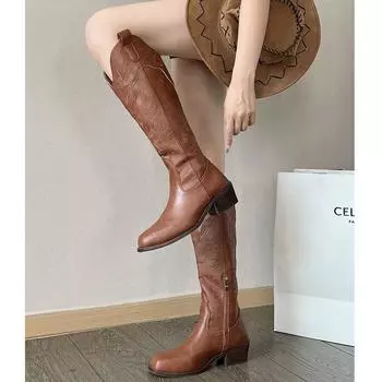 Small retro fat mm slim brown boots women s summer 2025 new v-mouth French thick heel knight boots 35 коричневый