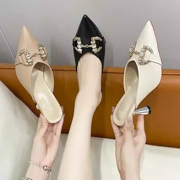 Small size French rhinestone buckle stiletto high heels women s 2024 cool slippers fashion pointed head bag head Muller half slippers women 34