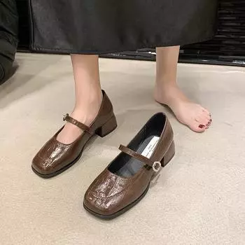 Small Soft Leather Thick Heel Mary Jane Women s Shoes with Single Buckle Belt and Shallow Mouth Commuting Women s Singles Shoes 35 чёрный