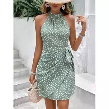 Small Summer European and American Style Fresh Fashion Halter Dots Print Pleated Lace-up Irregular Sleeveless Dress Summer Bean Green L