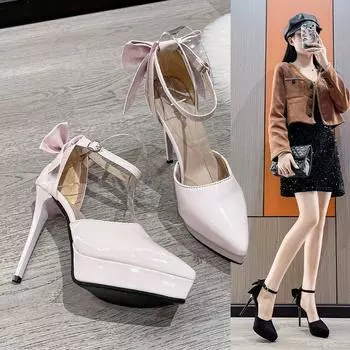 Small temperament women s bow with super high heels 12cm black waterproof table hollow stiletto sandals women 34