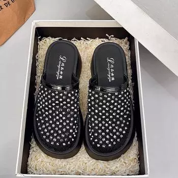 Small thick-bottomed rhinestone baotou half slippers women s summer new fishing net hollow breathable cool slippers women 35