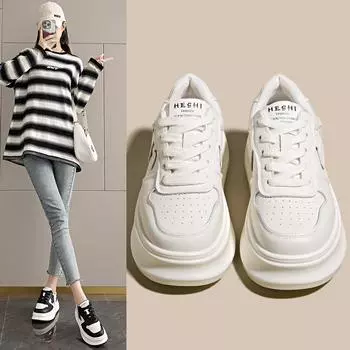 Small thick-soled soft leather board shoes for women s 2024 spring new heightening casual versatile muffin sole white shoes 2388 35 чёрный