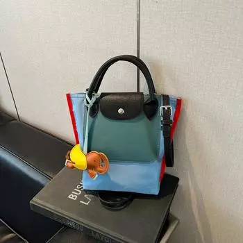 Small tote bag new pu fashion trend shoulder tote bag color matching handbag messenger bucket bag синий