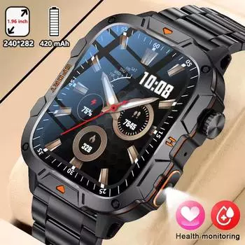 Смарт-часы LIGE Новые 1,96-дюймовые HD-экраны из нержавеющей стали для мужчин Смарт-часы со светодиодным фонариком 420 мАч Большая батарея Bluetooth-звонки Смарт-часы silicone strap чёрный