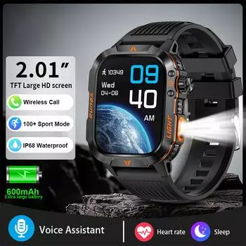 Смарт-часы QTLLBT Bluetooth-вызов Фонарик Компас IP68 водонепроницаемые, военные часы 100+ спортивных режимов Сон, частота сердечных сокращений, обнаружение кислорода в крови