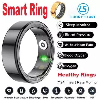 Смарт-кольцо для мужчин и женщин, пульсометр, кислород в крови, монитор здоровья сна, спортивная активность, фитнес-трекер, умное кольцо для Android IOS 2024 size 8 чёрный