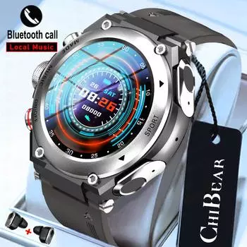 Smart Watch 2 In 1 Tws Wireless Bluetooth Headset Blood Pressure Thermometer Health Watch Talking Smartwatch Men Local Music