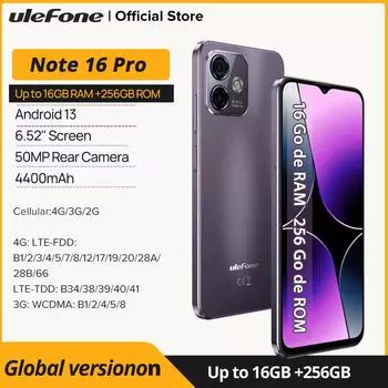 Смартфон Ulefone Note 16 Pro, 512 ГБ ПЗУ/128 ГБ ПЗУ/256 ГБ ПЗУ, Android 13, глобальная версия, телефон, 50 МП, 6,52 дюйма, 4400 мАч, GPS, 4G, сотовая связь 512GB ROM чёрный