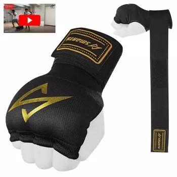SMARTY от бывшего мирового рейтинга с бинтами Easy Velcro Inner Перчатки Бокс ММА Амортизирующий Гелевый Подушечка [Под присмотром и видео] (Л, Черный) чёрный
