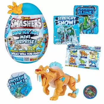 Smashers Dino Ice Age ZURU Мини-яйцо с сюрпризом Много сюрпризов Слизь Динозавр Коллекционные игрушки для мальчиков и детей Саблезубый тигр и