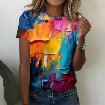 Смелый и выдающийся внешний вид, креативная женская футболка, повседневная мода, удобный узор, многоцветный короткий рукав S