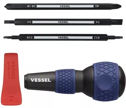 Сменная отвертка с шаровой рукояткой VESSEL для домашнего использования. Может поворачивать 7 типов винтов и треугольных винтов. (синий) Филлипс, плоская головка, 220 Вт-BC3B синий