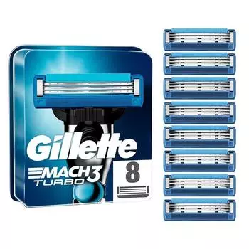 Сменные лезвия для бритвы Gillette Mach3 Turbo для мужчин, 8 шт. Лезвия прочнее стальных. Улучшенные смазывающие полоски.