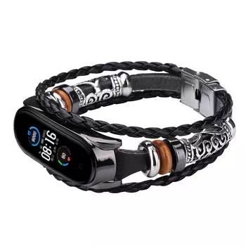 Сменный кожаный браслет с бисером для Mi Band 5, плетеный ремешок из кожи