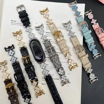 Сменный ремешок для xiaomi mi band 9pro 8pro, кожаный ремешок с ромбом и маленькой талией для часов xiami mi band 9 8 For xiaomi mi band 8/9 золотой/коричневый