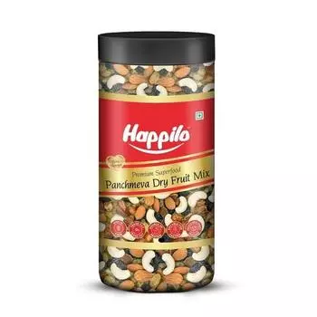 Смесь сухофруктов Happilo Classic Panchmewa, банка 450 г, сушеные финики, золотистый изюм, черный изюм, дробленые кешью, калифорнийский миндаль