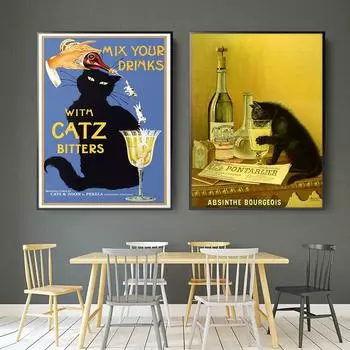 Смешайте свои напитки с Catz Bitters Черный кот пьет абсент постер Буржуазный холст Картина Настенная картина Украшение дома 21x30cm No Framed