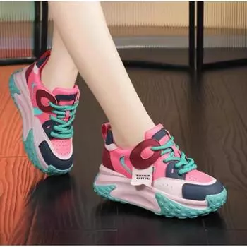 Смешанные цвета Кожаные сращивания Толстые кроссовки Женские Весна Осень Толстая подошва Папины туфли Модные женские спортивные кроссовки для бега 35 розы красного