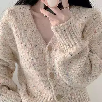 Смешанный цвет цветной горошек V-образный вырез вязаный кардиган свитер женский ins vitality girl продвинутый смысл дофамин одежда one size fits all абрикосовый