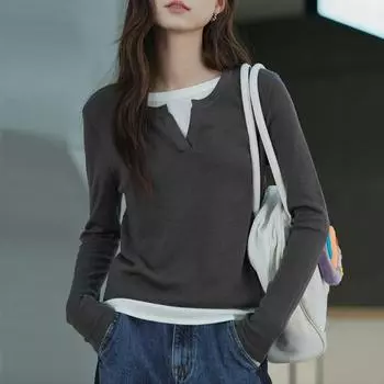 Смешанный легкий модал хлопок кожа мягкая # цвет поддельные две футболки женская осень зима с длинным рукавом базовая рубашка S