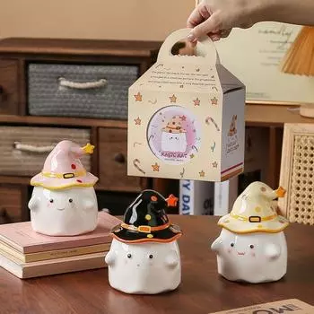 Смешная чашка с призрачным молоком 350 мл, керамическая кружка с эльфийским дизайном для горячих и холодных напитков, милая офисная чашка для чая с крышкой-шляпой, подарки на Хэллоуин и Пасху для друзей 1pc жёлтый