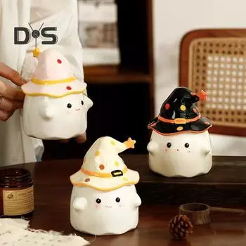 Смешная чашка с призрачным молоком 350 мл, керамическая кружка с эльфийским дизайном для горячих и холодных напитков, милая офисная чашка для чая с крышкой-шляпой, подарки на Хэллоуин и Пасху для друзей 1pc чёрный