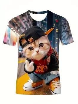 Смешная футболка с рисунком кота, мужская футболка с 3D-принтом, индивидуальная футболка с коротким рукавом и круглым вырезом, повседневная рубашка для мужчин, крутые футболки, топы S