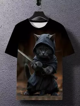 Смешная футболка с рисунком кота, мужская футболка с 3D-принтом, индивидуальная футболка с коротким рукавом и круглым вырезом, повседневная рубашка для мужчин, крутые футболки, топы S