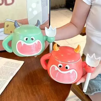 Смешная керамическая кружка с керамической ложкой с рисунком 420 мл, парная кружка для воды с дьявольским узором, креативный рождественский маленький подарочный кофейный стаканчик, посуда для напитков 420ML