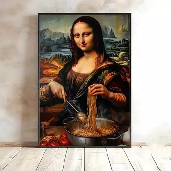 Смешная Мона Лиза с готовящейся итальянской лапшой, настенная живопись на холсте, милые постеры и принты для декора кухни, фотографии 30x45cm no frame белый