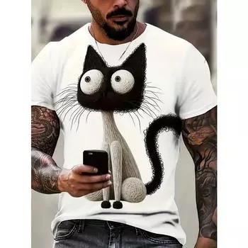 Смешная мужская футболка Aniaml с принтом кота, летняя повседневная футболка с коротким рукавом, уличная мода, свитер с круглым вырезом, мужская свободная одежда S