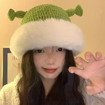 Смешная шапка Шрека женская осенне-зимняя хулиганская детская та же мультяшная плюшевая вязаная шапка утолщенная зеленая шерстяная шапка прилив M56-58cm