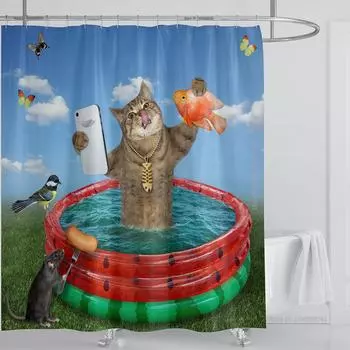 Смешная занавеска для душа с изображением кота и собаки, занавеска для ванной комнаты с крючками, водонепроницаемая 3D-занавеска для ванной комнаты с креативным дизайном W90xH180cm