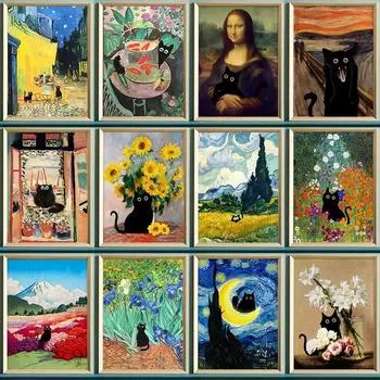 Смешное искусство Матисс Моне Ван Гог Подсолнухи Черный кот Холст Плакат и принты Картина Настенные панно для гостиной Домашний декор 21cm30cm NoFrame