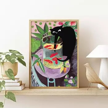 Смешное измененное искусство Матисс золотая рыбка с черной кошкой холст картина смешные постеры и принты настенные картины для декора гостиной 21x30cm No Framed