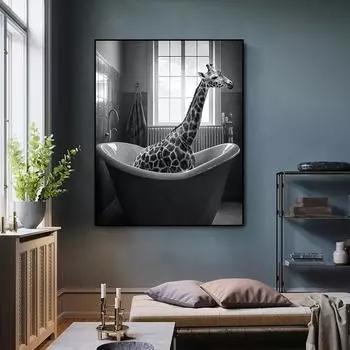 Смешное животное в ванной комнате Плакат и принты Жираф Слон Орангутанг Зебра сидит в ванной Картина на холсте Настенное искусство в туалете 21x30cm No Framed