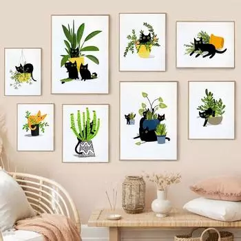 Смешной черный кот в горшке Картина на холсте с изображением животных Постер в скандинавском стиле Минималистские настенные картины для гостиной, спальни, украшения дома 21x30cm No Framed зелёный