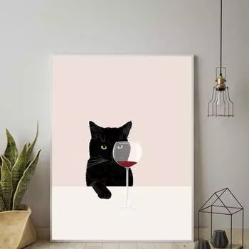 Смешной черный милый кот постер белые коты пробуют красное вино холст картина кошка кухня настенное искусство картины для гостиной домашний декор 21x30cm No Framed